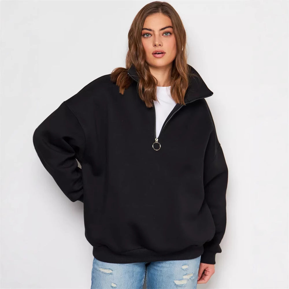 Damen Oversized Halbzip Sweater mit hohem Stehkragen und Rippbündchen – Auréline