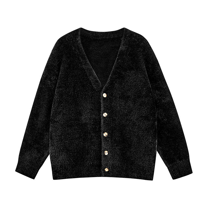 Damen Oversize Teddy-Strickcardigan mit V‑Ausschnitt und Holzknöpfen Echoarchiv