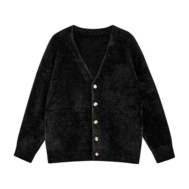 Damen Oversize Teddy-Strickcardigan mit V‑Ausschnitt und Holzknöpfen Echoarchiv