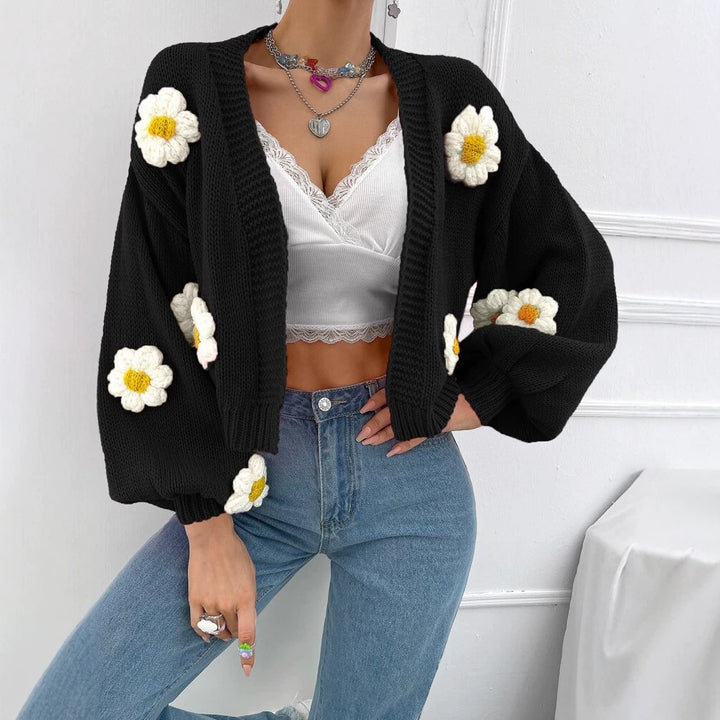 Damen Kurzgeschnittener Grobstrick-Cardigan mit 3D-Blütenapplikationen – Veloura