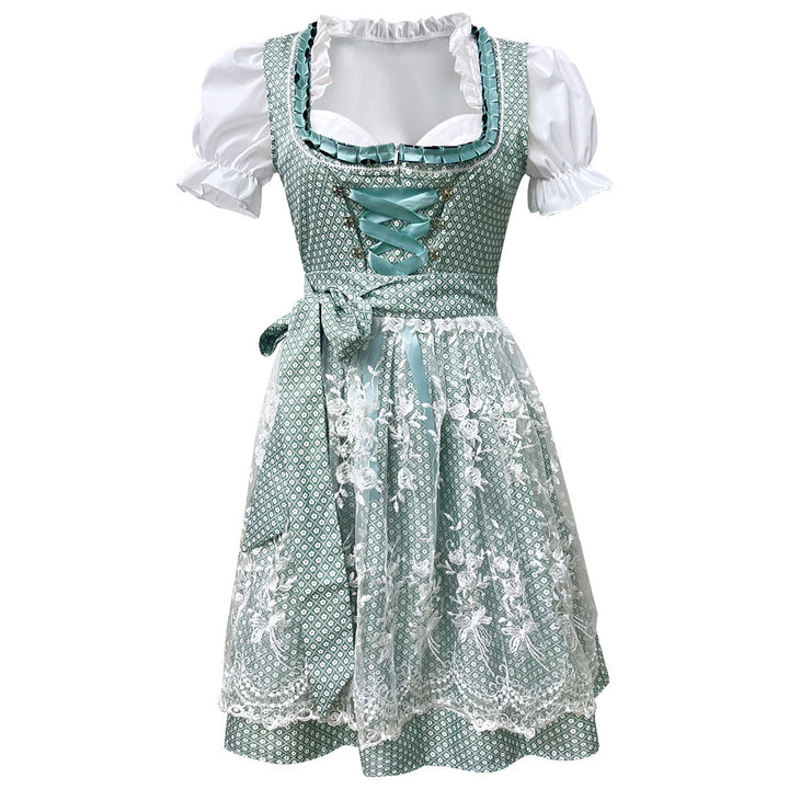 Damen nan kurzes traditionelles Dirndlkleid mit Spitzen-Schürze, geschnürter Taille und Puffärmeln Echo Archiv