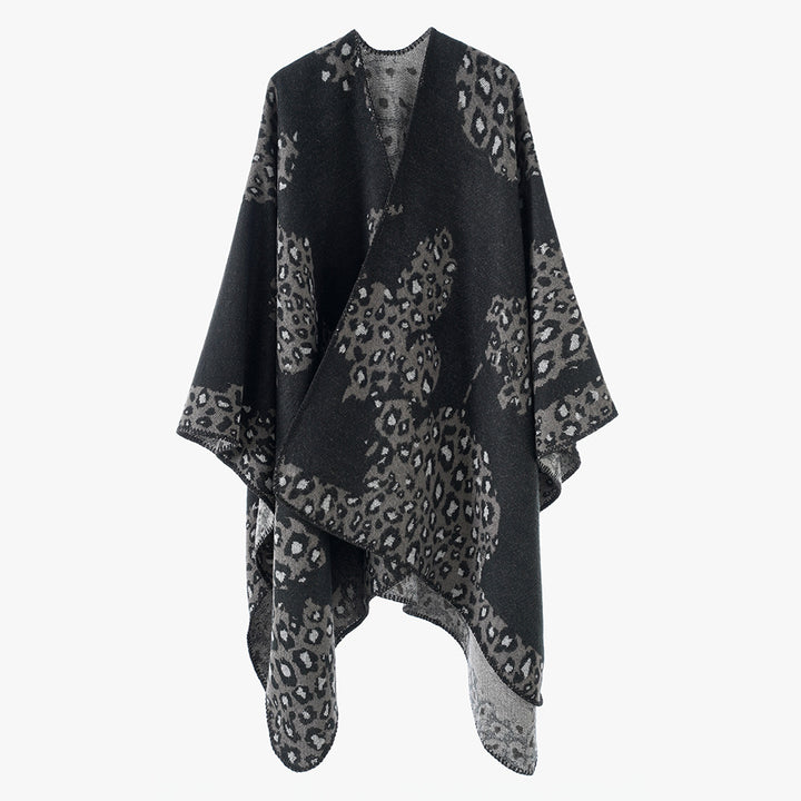 Damen Wolloptik-Überwurf mit gewebtem Leopard-Jacquard und offenem Zipfelrand Echo Archiv