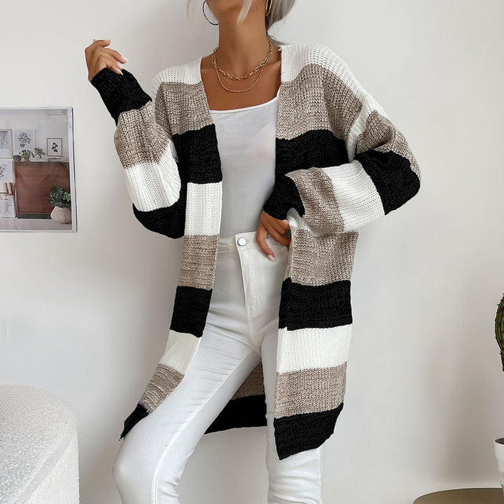 Damen Langer Oversize-Strickcardigan mit Blockstreifen und offener Front – Veloura