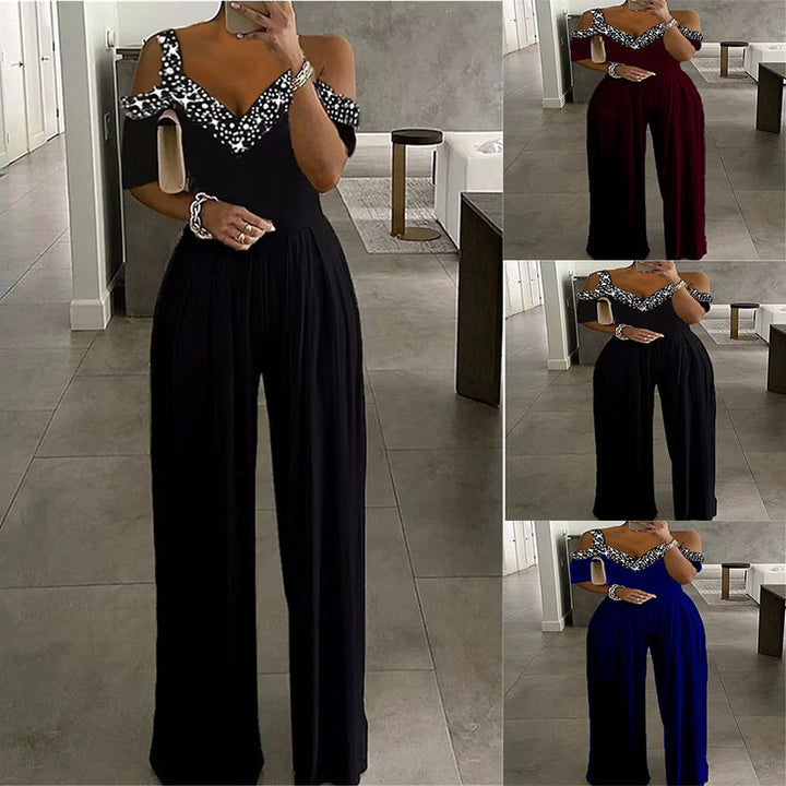Eleganter Damen Jumpsuit mit Schulterfreiem Schnitt & Glitzerndem Dekolleté für Party & Events | Echoarchiv