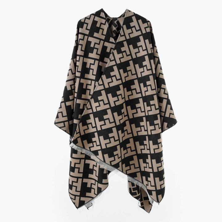Damen Oversize-Cape mit geometrischem Jacquard und Fransensaum – Avérine
