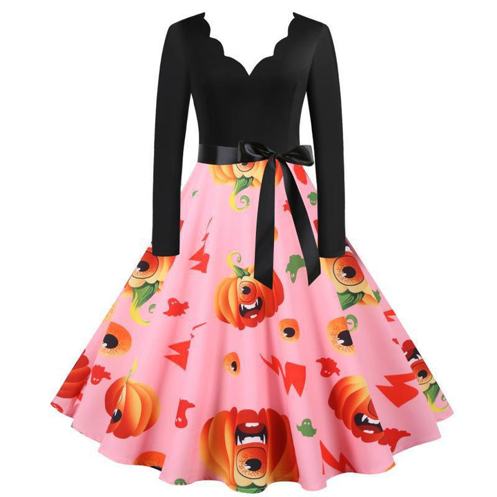 Damen Vintage Swing Kleid mit Halloween-Kürbis-Print und Taillengürtel – Élara
