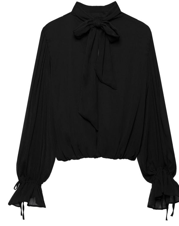 Damen Elegante Chiffon‑Schluppenbluse mit Ballonärmeln und gerafftem Saum Echo Archiv
