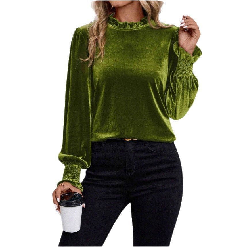 Damen Samtbluse mit Rüschenkragen, Ballonärmeln und Stretch-Smock-Bündchen – Élovi