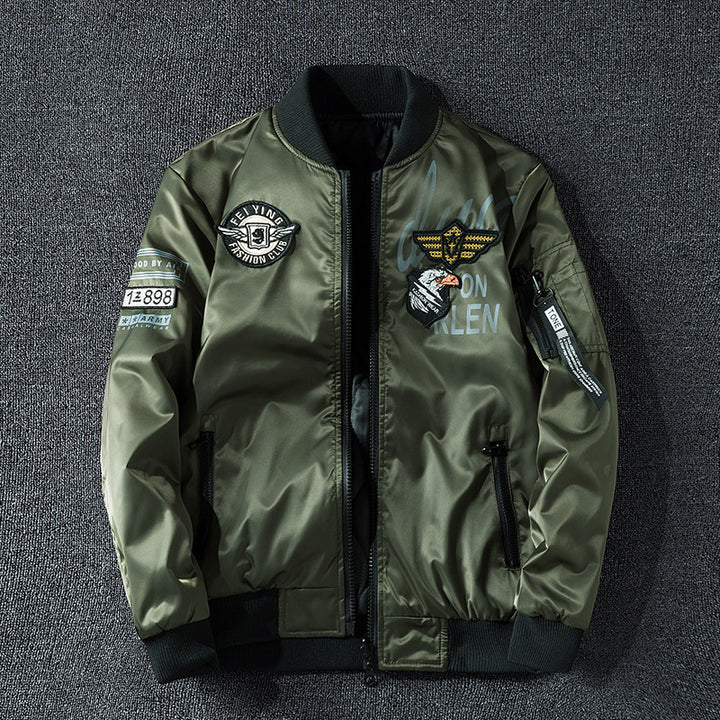 Men's patch-detail glossy flight bomber with ribbed trims – Brevano
