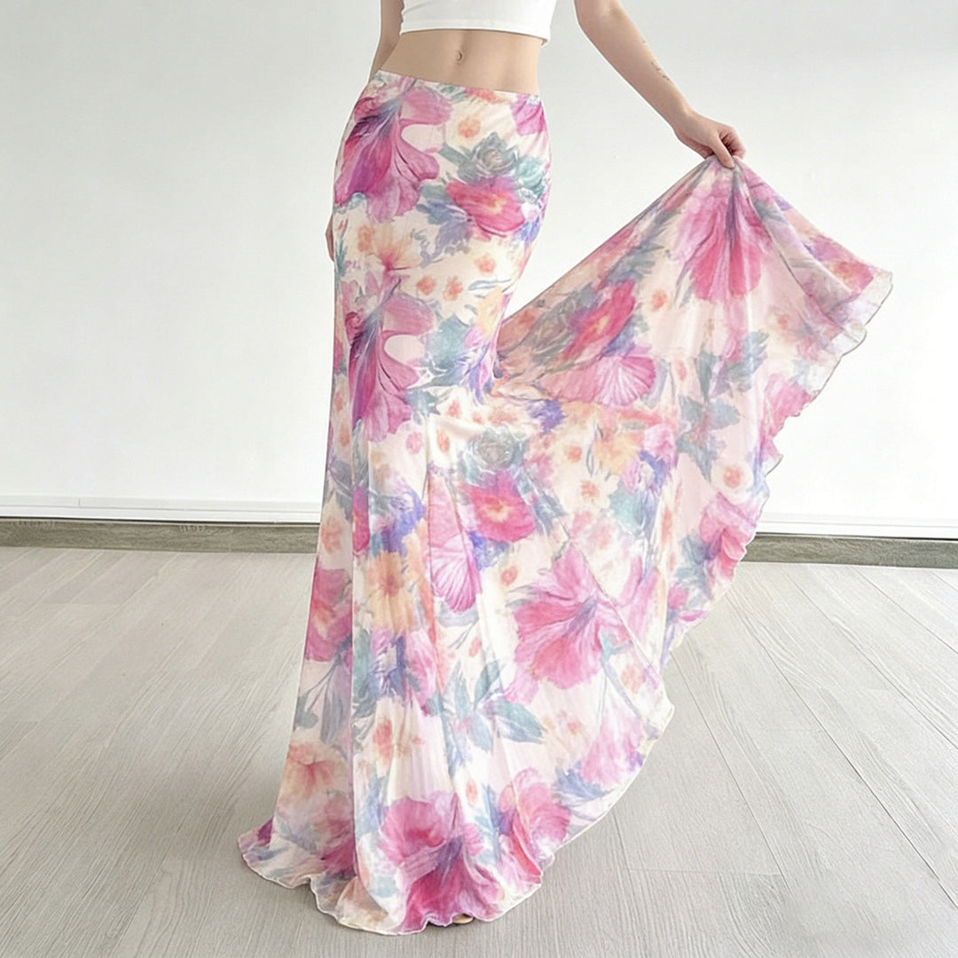 Damen Fließender Maxirock mit floralem Design und schwingendem Saum Echo Archiv