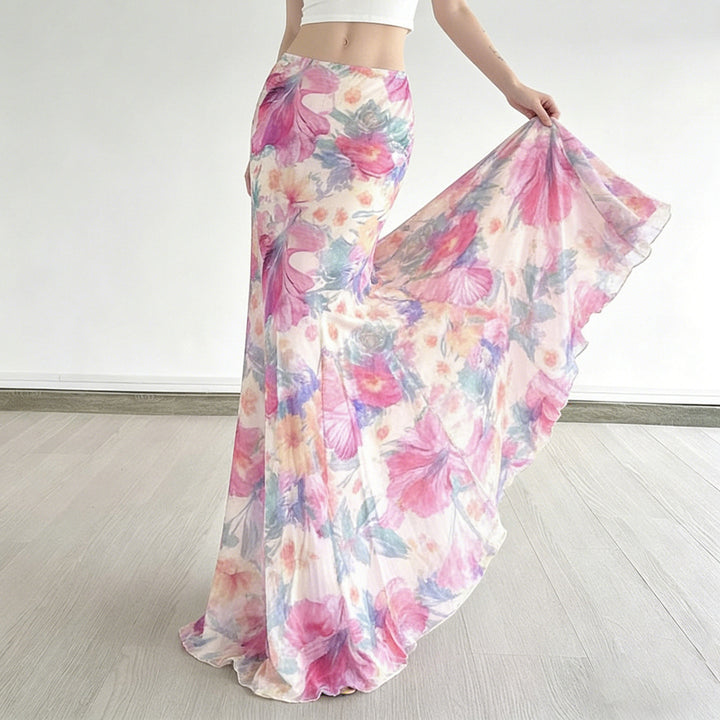 Damen Fließender Maxirock mit floralem Design und schwingendem Saum Echo Archiv