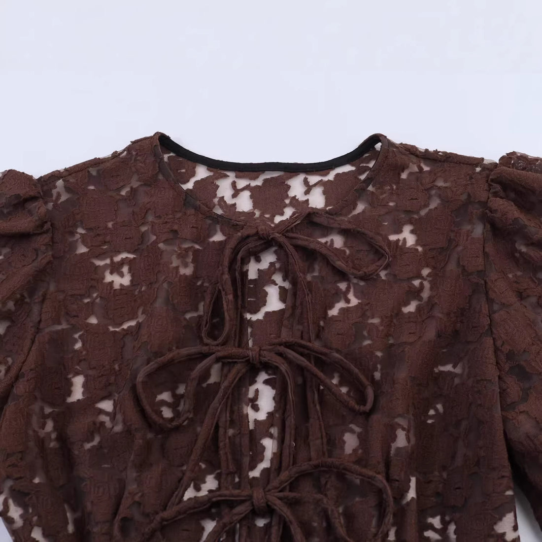 Damen Transparente Spitzenbluse mit frontalen Bindebändern und Volant‑Saum Echoarchiv