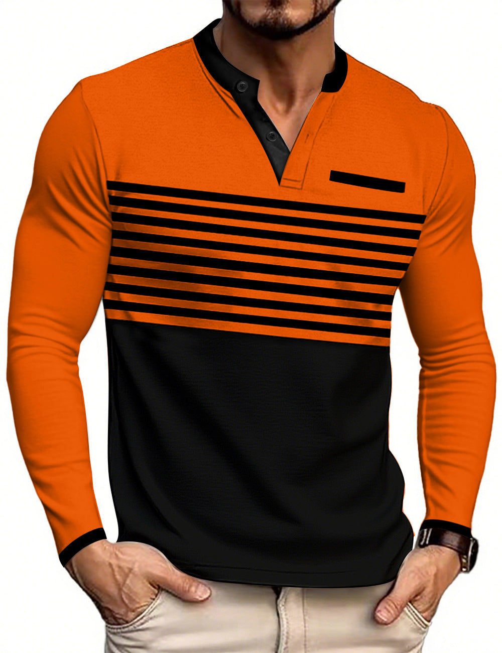 Herren nan modernes Langarm-Polo mit Henley-Blende gestreifter Brustpartie und Stehkragen Echo Archiv