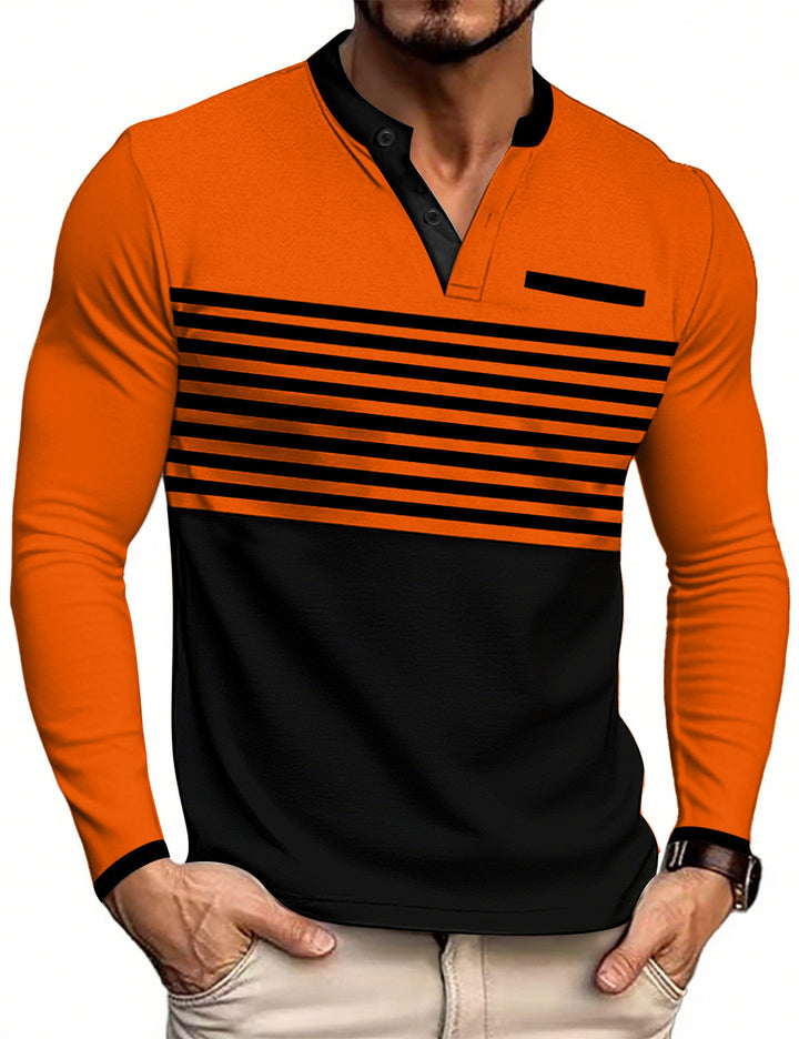 Herren nan modernes Langarm-Polo mit Henley-Blende gestreifter Brustpartie und Stehkragen Echo Archiv