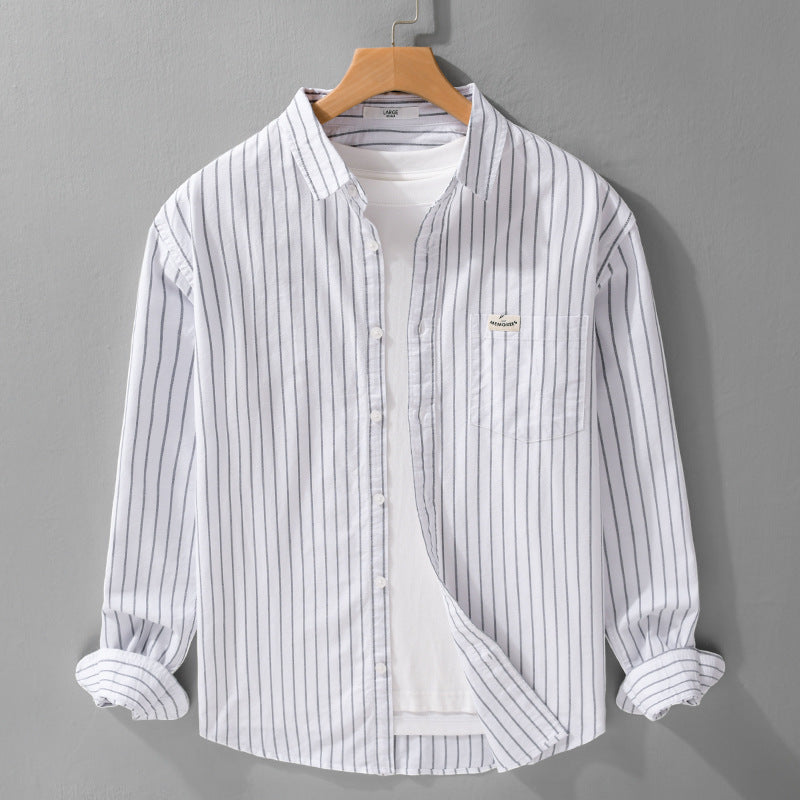Herren Gestreiftes Layering-Overshirt aus softem Baumwollmix mit Kentkragen und aufgesetzter Brusttasche Echoarchiv
