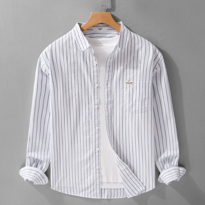 Herren Gestreiftes Layering-Overshirt aus softem Baumwollmix mit Kentkragen und aufgesetzter Brusttasche Echoarchiv