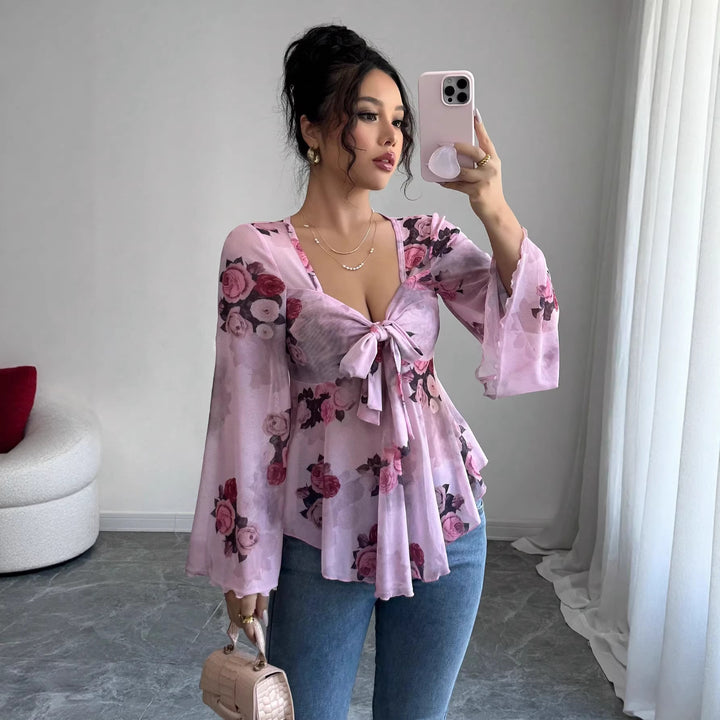Damen Transparente Chiffon-Babydoll-Bluse mit Knotenfront und floralem Allover-Print Echo Archiv