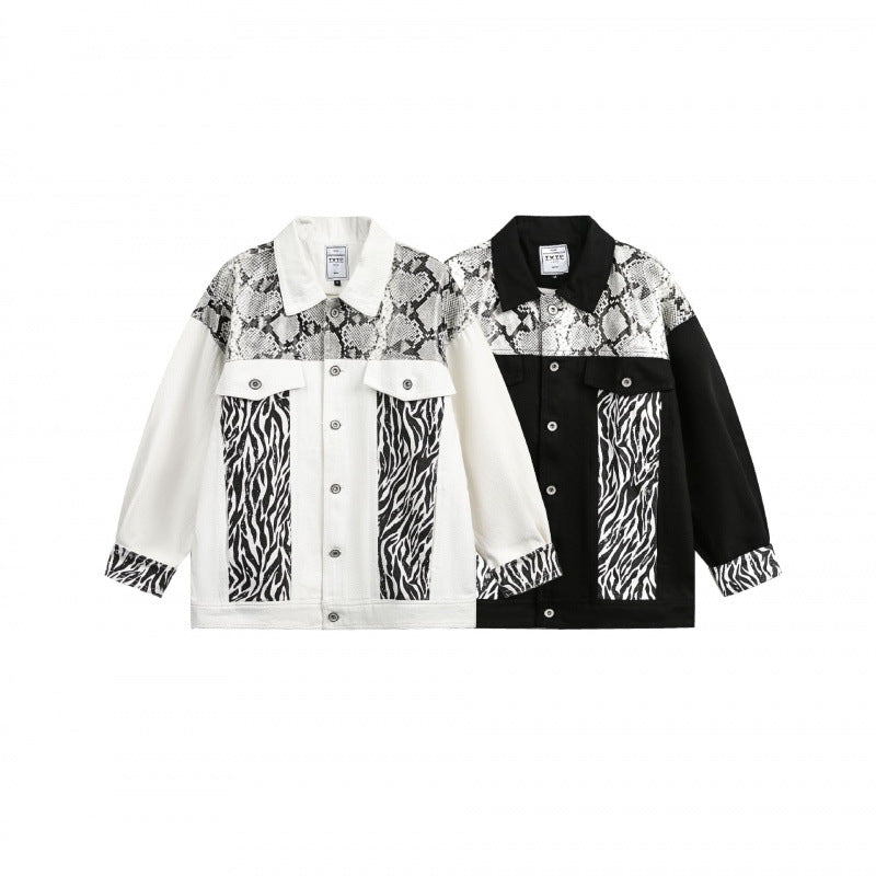 Damen Oversize-Jeansjacke im Patchwork-Tierprint mit Reverskragen und Pattentaschen Echo Archiv