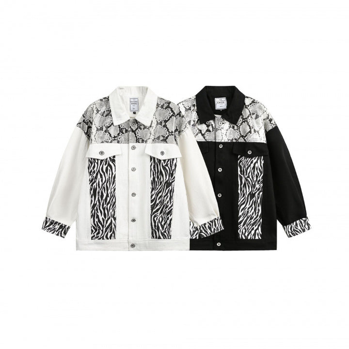 Damen Oversize-Jeansjacke im Patchwork-Tierprint mit Reverskragen und Pattentaschen Echo Archiv