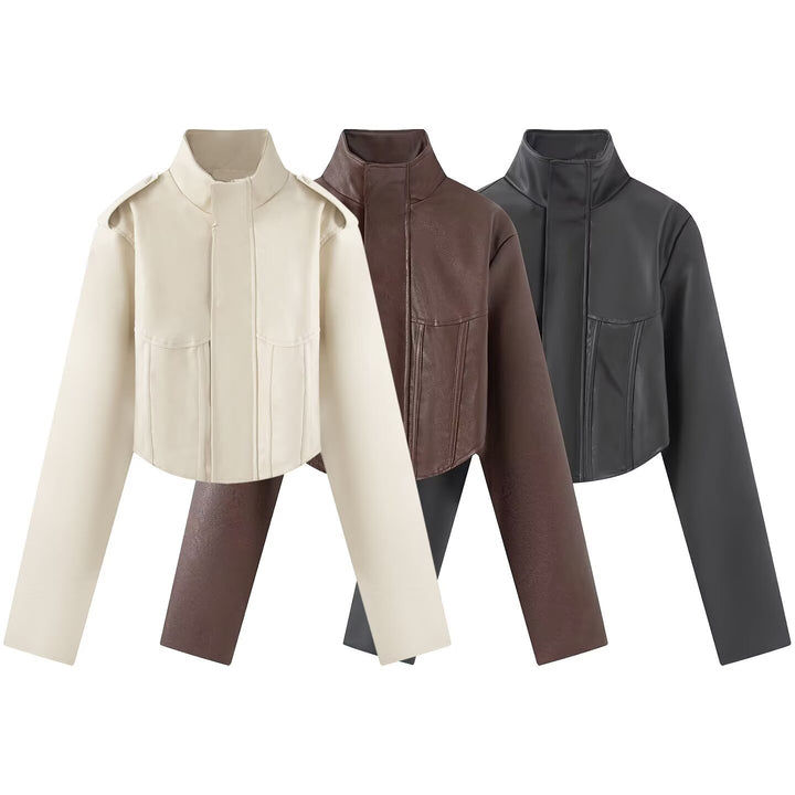 Damen Kurze Lederoptik-Jacke mit Korsagennaht und Stehkragen Echo Archiv