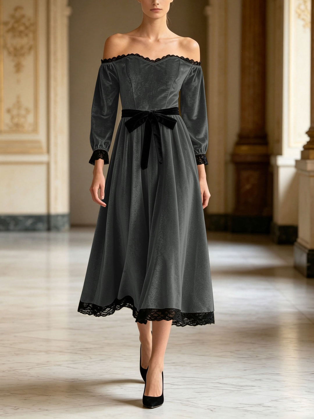 Damen Schulterfreies Samtkleid mit Spitzenbesatz, Samt-Taillengürtel und ausgestelltem Midirock Echoarchiv