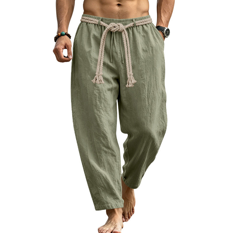 Herren lässige Leinen-Loungehose mit elastischem Bund, dekorativem Seilgürtel und Seitentaschen Echoarchiv