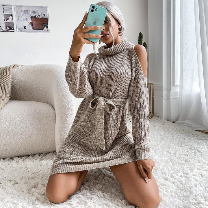 Damen Schulterfreies Rollkragen-Strickkleid mit Taillengürtel Echoarchiv