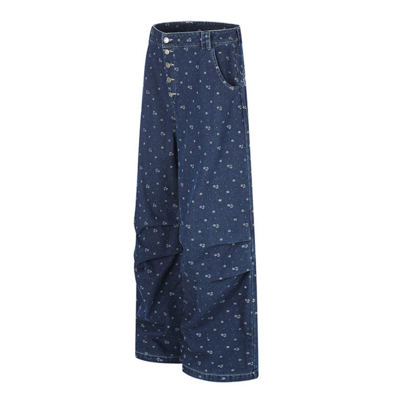 Damen High‑Waist Culotte-Jeans im Palazzoschnitt mit sichtbarer Knopfleiste und feinem Blumenprint Echoarchiv