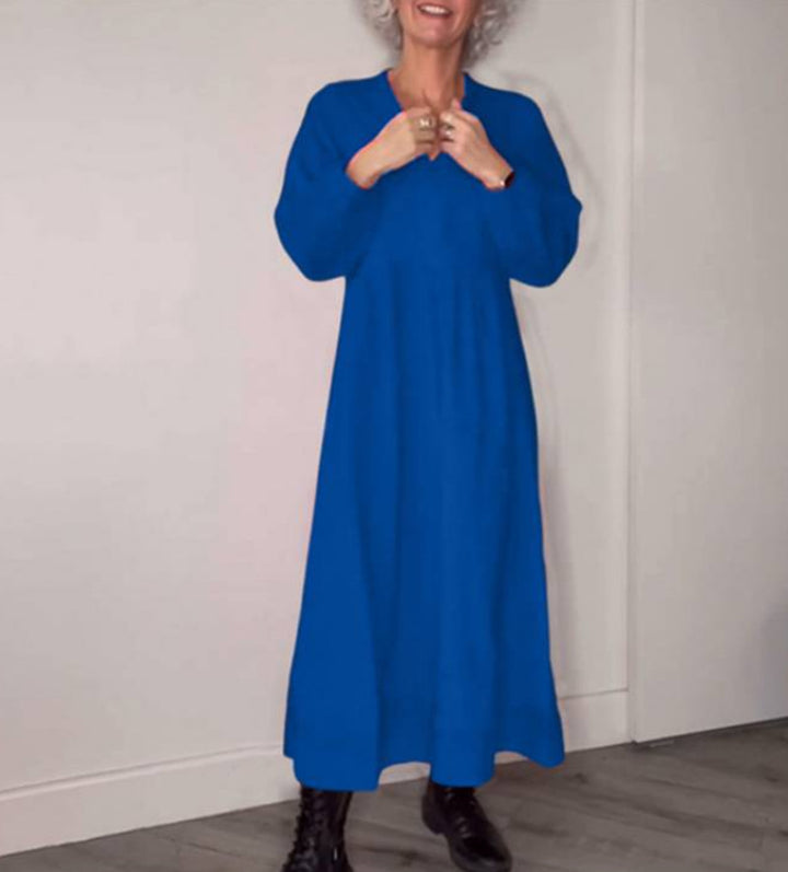 Damen Freizeit Viskose Maxi Kleid mit V-Ausschnitt, Taillennaht und Ballonärmeln – Valéora