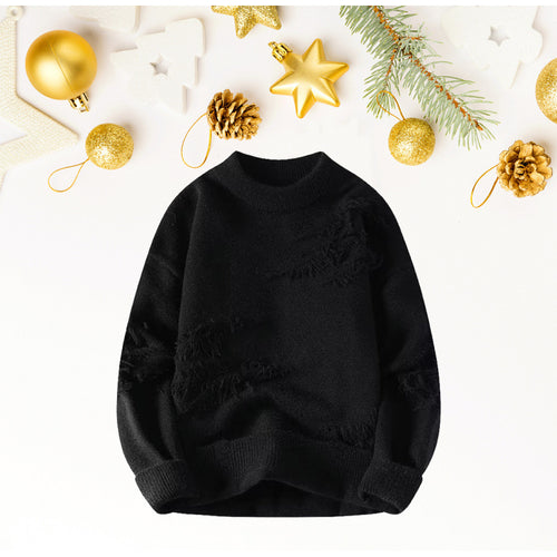 Damen Kurz geschnittener kuscheliger Strickpullover mit Fransen‑Einsätzen und Stehkragen Echoarchiv
