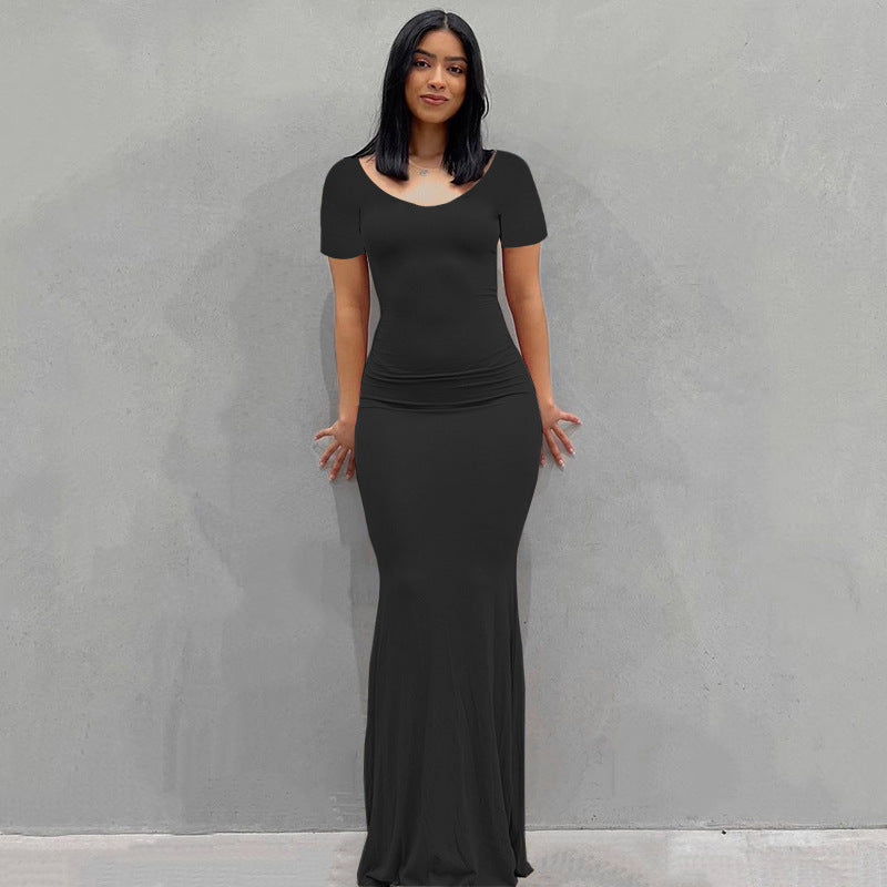 Damen Körperbetontes Maxi‑Jerseykleid mit taillierter Drapierung, langen Ärmeln und ausgestelltem Saum – Valéora