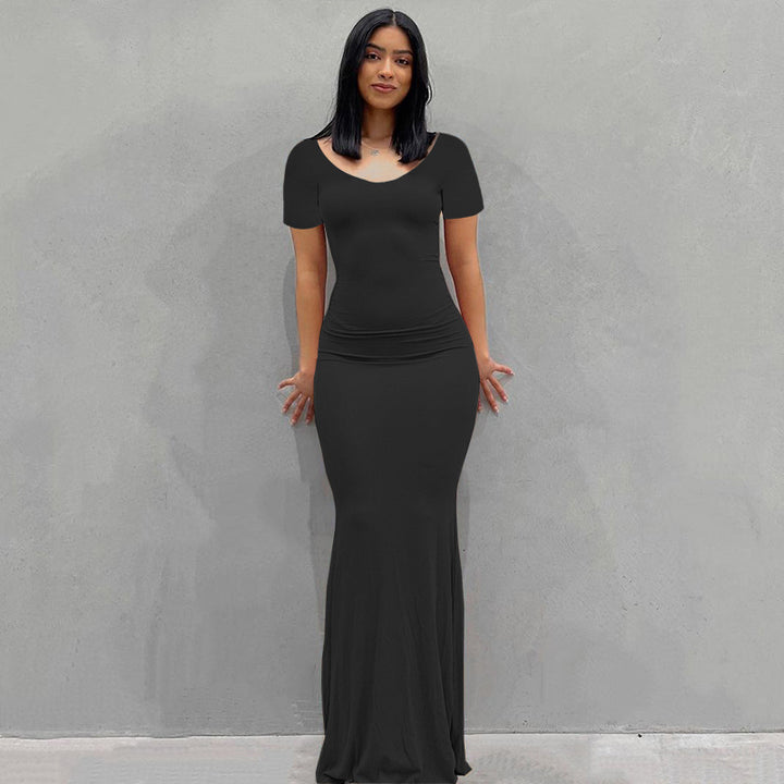 Damen Körperbetontes Maxi‑Jerseykleid mit taillierter Drapierung, langen Ärmeln und ausgestelltem Saum – Valéora