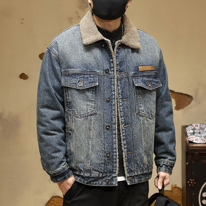 Herren Gemütliche Denimjacke mit Kunstfellkragen Echoarchiv