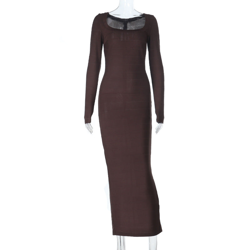 Damen Figurnahes Rippstrick‑Maxikleid mit U‑Boot‑Ausschnitt und Stretch‑Silhouette – Avérine