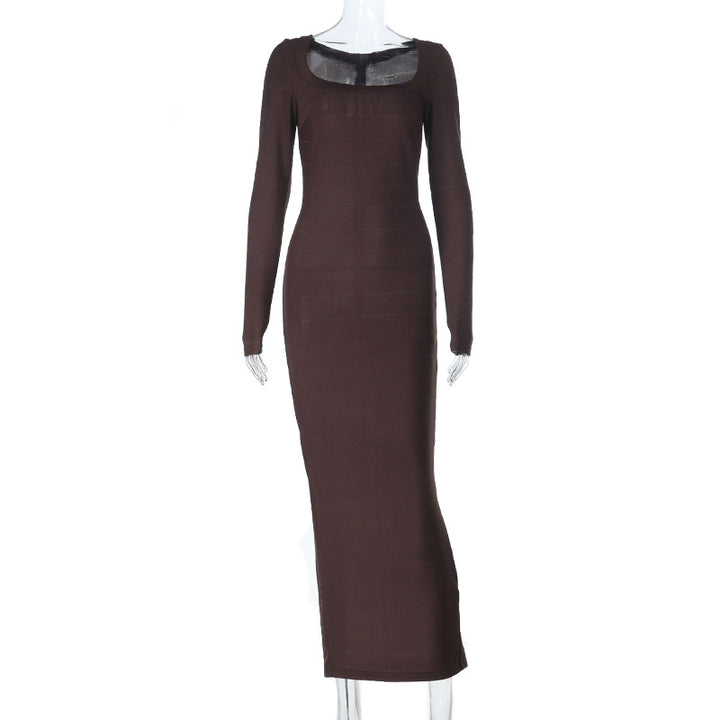 Damen Figurnahes Rippstrick‑Maxikleid mit U‑Boot‑Ausschnitt und Stretch‑Silhouette – Avérine