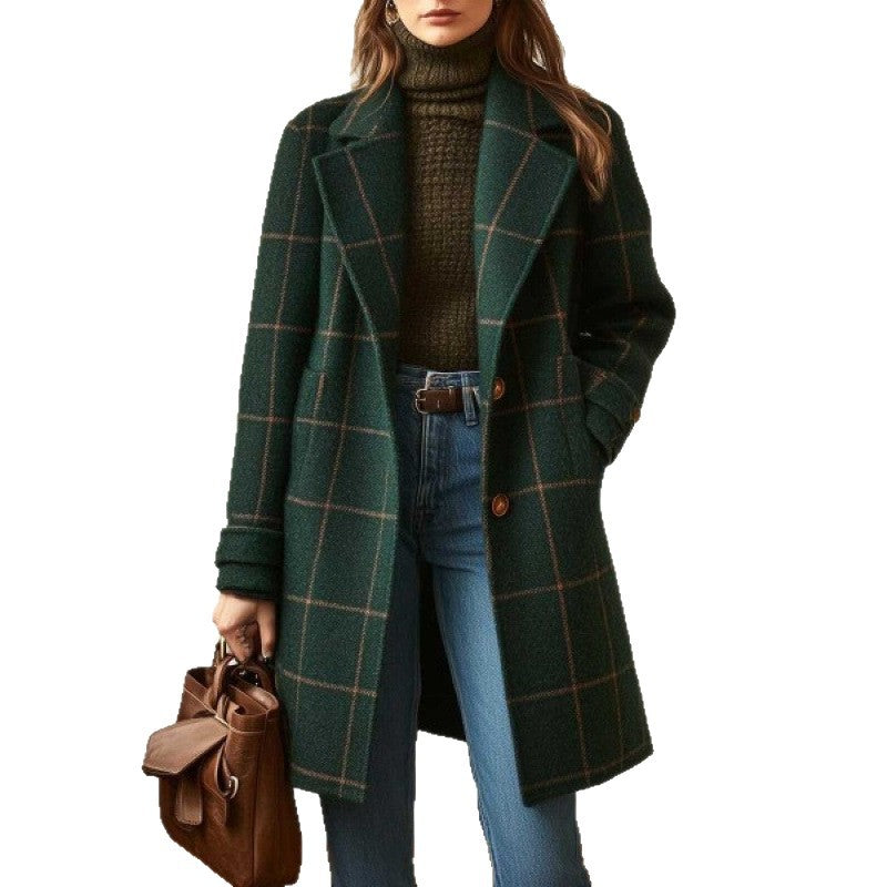 Damen nan karierter Wollmix Mantel mit Reverskragen, aufgesetzten Taschen und taillierter Silhouette Echo Archiv