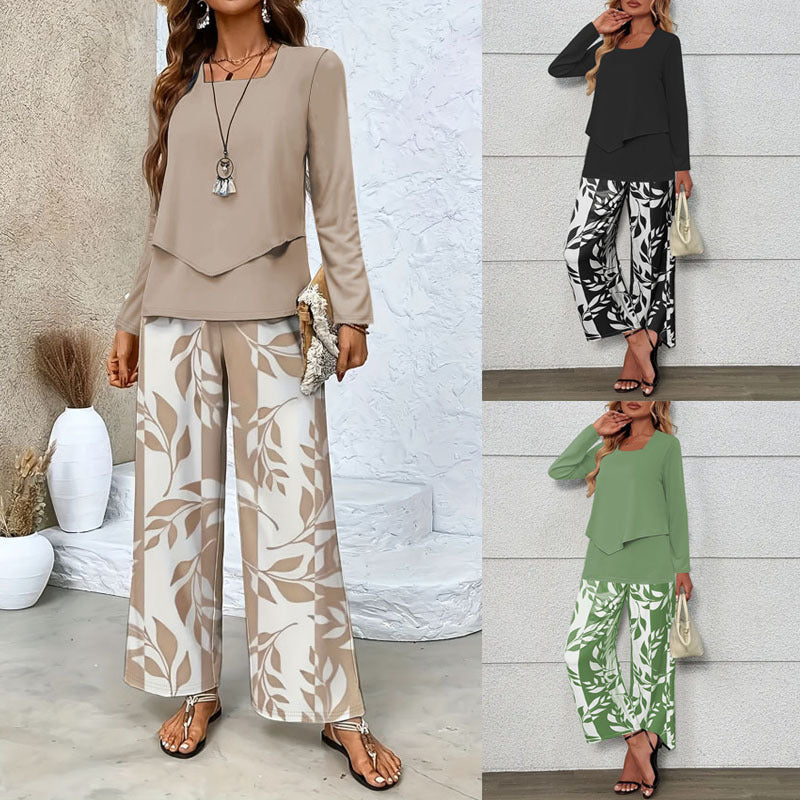 Damen Zweiteiliges Lounge-Set mit überlappendem Longsleeve und weiten Palazzo‑Hosen Echoarchiv