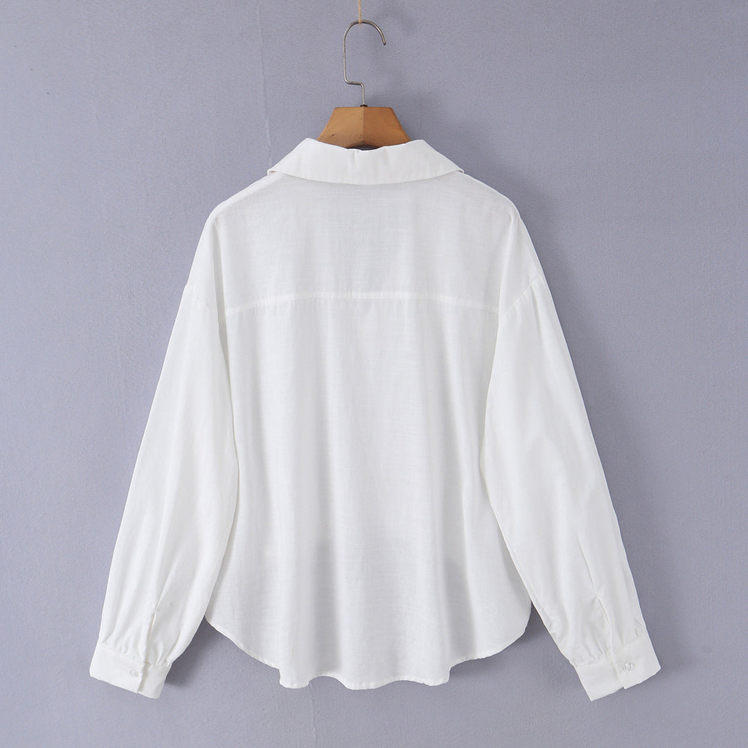 Damen lockere Baumwollbluse mit V-Ausschnitt, Hemdkragen und gerafftem Zipfelsaum – Élovi