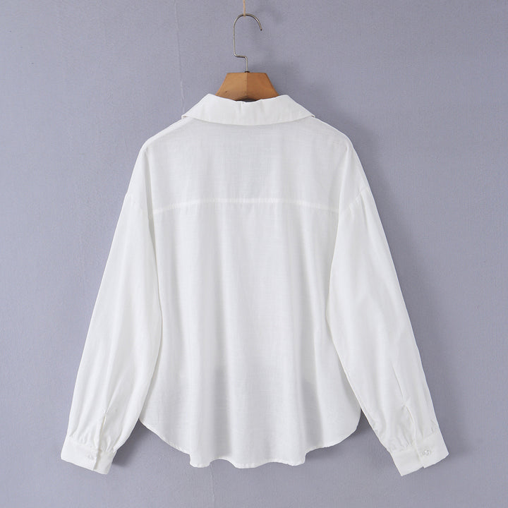 Damen lockere Baumwollbluse mit V-Ausschnitt, Hemdkragen und gerafftem Zipfelsaum – Élovi