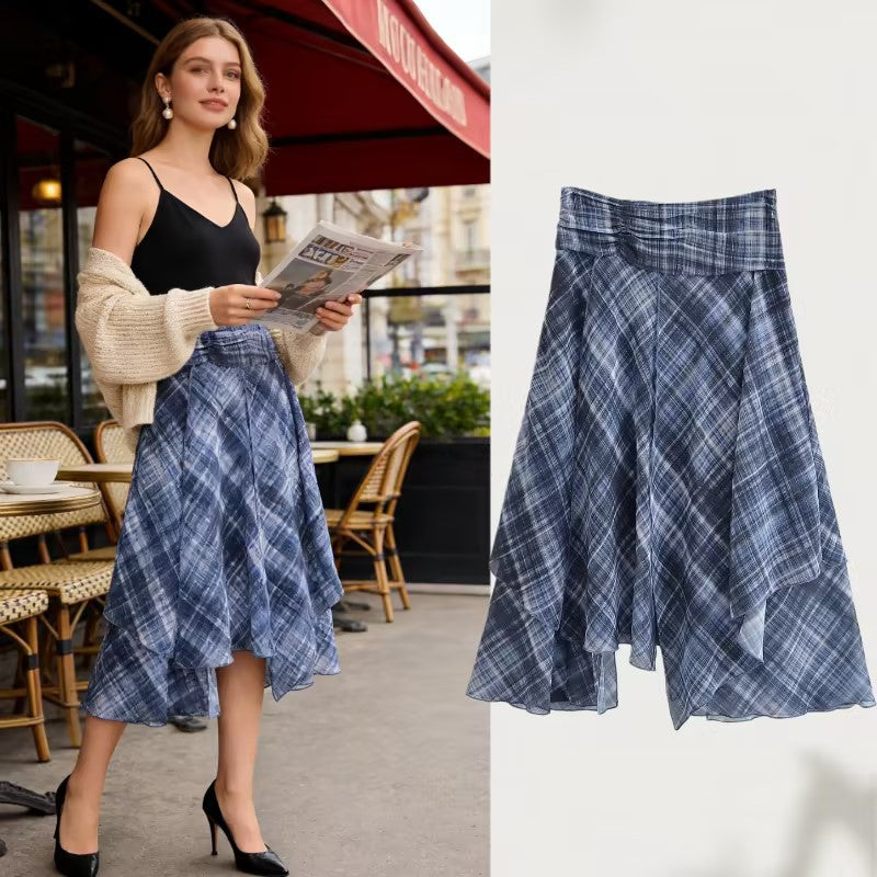 Damen Asymmetrischer mehrlagiger Midirock aus Chiffon mit weitem Taillenbündchen und Karomitternung Echo Archiv