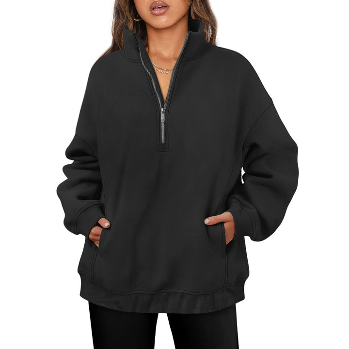 Damen nan oversized Halbzip-Pullover mit Stehkragen, Kängurutasche und Rippbündchen Echo Archiv
