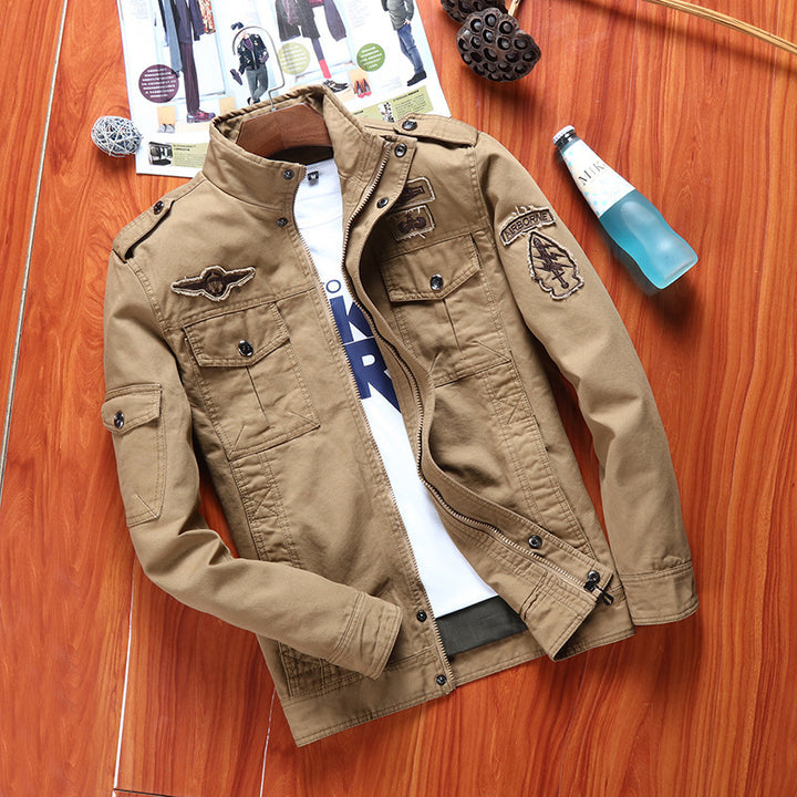 Herren Robust geschnittene Canvas-Combatjacke mit Patches, Stehkragen und Multifunktionspattentaschen Echo Archiv