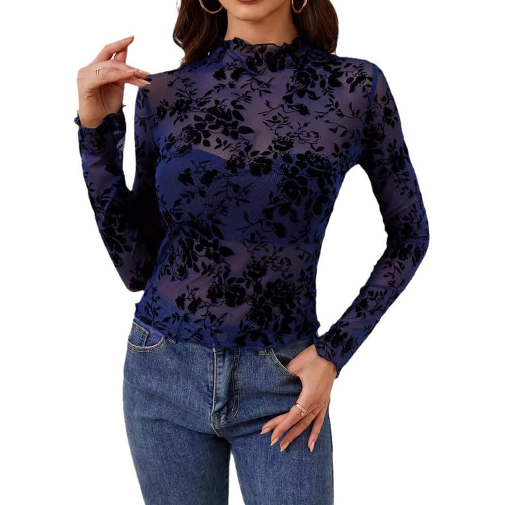 Damen nan transparentes Netzoberteil mit samtigem Floraldruck und Stehkragen Echo Archiv