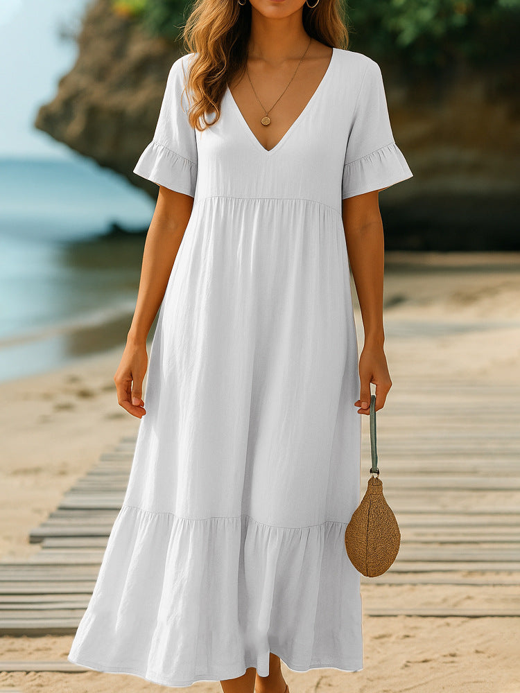 Damen fließendes Maxikleid mit V-Ausschnitt und Rüschendetails Echo Archiv