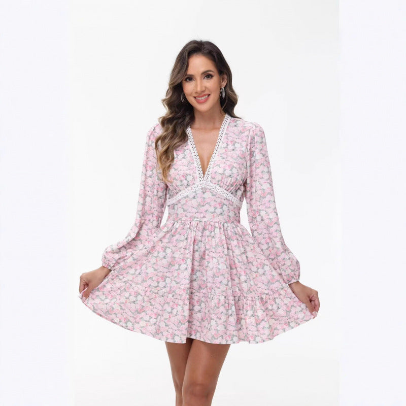 Damen Boho-florales Minikleid mit V-Ausschnitt und Puffärmeln – Élara