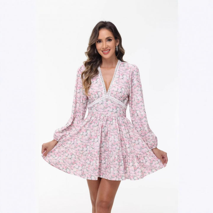 Damen Boho-florales Minikleid mit V-Ausschnitt und Puffärmeln – Élara