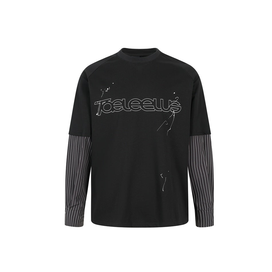 Unisex Lagen-Langarmshirt mit Halbarm-Overlay, gestreiften Einsatzärmeln und Ton-in-Ton-Logo Echoarchiv