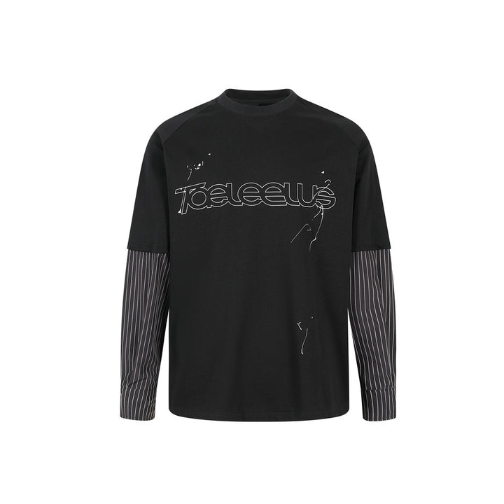 Unisex Lagen-Langarmshirt mit Halbarm-Overlay, gestreiften Einsatzärmeln und Ton-in-Ton-Logo Echoarchiv