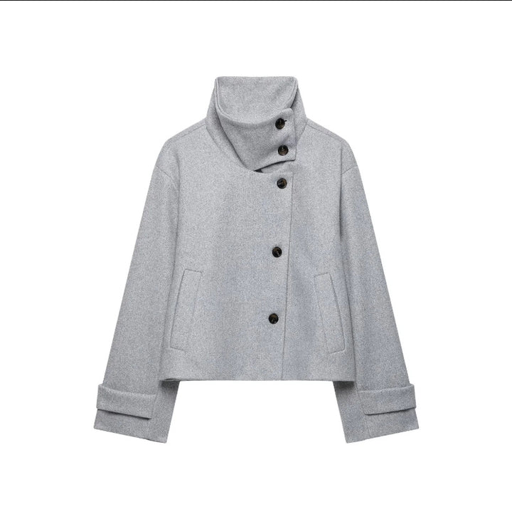Damen Cropped Wollmix-Kurzjacke mit hohem Stehkragen, asymmetrischer Knopfleiste und Krempelmanschetten Echoarchiv