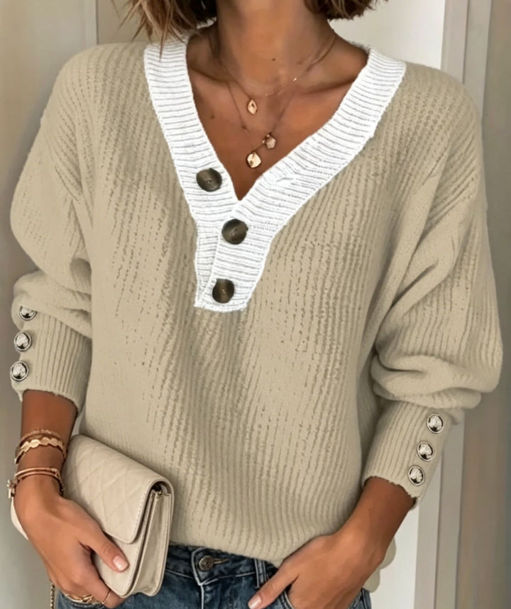 Damen Feinstrickpullover mit tiefem V-Ausschnitt, kontrastierter Knopfleiste und Zierknopf-Ärmeln – Mavelle
